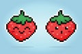 8 bit pixel strawberry characters. Pixel fruit in vector