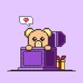 8 bit pixel teddy bear peeking inside of treasure chest with gift box, and love icon. Valentine\'s day illustration