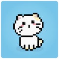 8 bit pixel white cat. Pixel animal for game assets in vector