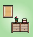 8 bit pixel wooden desk and window in vector