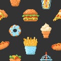 8 bit seamless pattern with fast food. Background in vintage pixel style of the 90s. Repeating pattern with pixelated