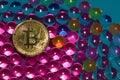 bitcoin on an abstract futuristic background with 3d balls and reflection of various colors