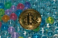 bitcoin on abstract futuristic blue background with grid and colorful balls with color reflection, modern 3d look