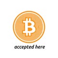 Bitcoin accepted here design. Criptocurrency symbol. Blockchain technology.