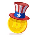 Bitcoin in American hat. Cartoon digital currency.