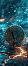 A Bitcoin amidst a storm of cyber threats protected by a shield of advanced cybersecurity algorithms