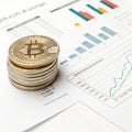 Bitcoin analysis paper with coins isolated on white
