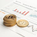 Bitcoin analysis paper with coins isolated on white