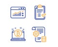 Bitcoin, Approved checklist and Web traffic icons set. Settings blueprint sign. Vector