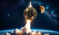 Bitcoin Ascending Beyond Earth Royalty Free Stock Photo