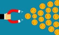 Bitcoin Attraction. Businessman Hand Attracting bit coins with red magnet. Virtual Money attraction Concept