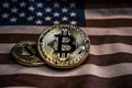 Bitcoin on the background of the American flag, Bitcoin coin and the American flag, Generative AI.