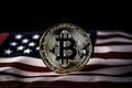 Bitcoin on the background of the American flag, Bitcoin coin and the American flag, Generative AI.