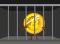 Bitcoin Ban. BTC illegal. Cartoon bitcoin in prison vector illustration. Funny bitcoin. Prohibition of trade in bitcoins