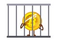 Bitcoin Ban. BTC illegal. Cartoon bitcoin in prison vector illustration. Funny bitcoin. Prohibition of trade in bitcoins