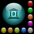Bitcoin bank office icons in color illuminated glass buttons