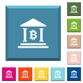 Bitcoin bank office white icons on edged square buttons