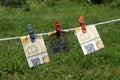 Bitcoin banknotes with clothespins