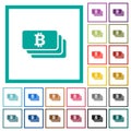 Bitcoin banknotes flat color icons with quadrant frames