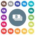 Bitcoin banknotes flat white icons on round color backgrounds