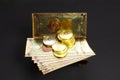 Bitcoin banknotes and golden btc coins on the treasure trove, cryptocurrency in wooden chest, gift, decoration on black paper Royalty Free Stock Photo