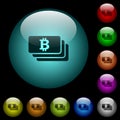 Bitcoin banknotes icons in color illuminated glass buttons