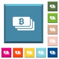 Bitcoin banknotes white icons on edged square buttons Royalty Free Stock Photo