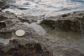 Bitcoin on the beach rock - close up