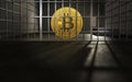 Bitcoin behind the bars. Big troubles of Bitcoin or other cryptocurrencies. Copyspace below. 3D rendering