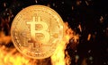 Bitcoin - bit coin BTC cryptocurrency money burning in flames and fire sparkles Royalty Free Stock Photo