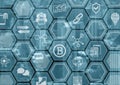 Bitcoin and blockchain blue and grey background with blurred city skyline and polygon overlay