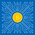 Bitcoin blockchain modern technology - creative vector illustration. Cryptocurrency digital money concept symbol. Computer chip.