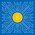 Bitcoin blockchain modern technology - creative vector illustration. Cryptocurrency digital money concept symbol. Computer chip.