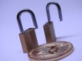 Bitcoin and brass padlocks Royalty Free Stock Photo