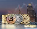 Bitcoin BTC cryptocurrency coin with altcoin digital crypto currency tokens, ETH Ethereum, ADA Cardano for defi