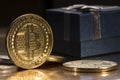 Bitcoin btc cryptocurrency and gift box btc golden coin as symbol of electronic virtual Royalty Free Stock Photo