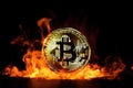 bitcoin BTC cryptocurrency money burning in flames, AI Royalty Free Stock Photo