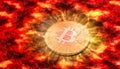 Bitcoin BTC floating on lava and about to sink and being destroyed, game over. Concept for price extremely drop Royalty Free Stock Photo