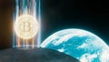 Bitcoin BTC on moon surface with glowing earth background