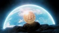 Bitcoin BTC on moon surface with glowing earth background