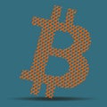 Bitcoin BTC sign from 3d holey mesh like cheese isolated on blue background. BTC symbol of modern digital gold and money