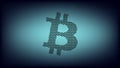Bitcoin BTC sign silhouette from holey mesh in light center on dark blue background. BTC symbol of modern digital gold and money