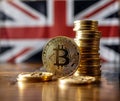 Bitcoin BTC on stack of cryptocurrencies with British England flag in background. The cryptocurrency coin is golden and Royalty Free Stock Photo