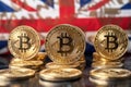 Bitcoin BTC on stack of cryptocurrencies with British England flag in background. The cryptocurrency coin is golden and Royalty Free Stock Photo
