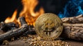 bitcoin burning red blue fire end wood table. AI generated Royalty Free Stock Photo