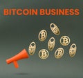Bitcoin business golden coins symbol with red megaphone on black background. Bitcoin in global business as a safe asset in