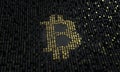 Bitcoin. Calculation of hash or mining. Currency sign builded from digits on the chip.