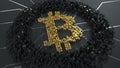 Bitcoin. Calculation of hash or mining. Currency sign builded from digits on the chip.