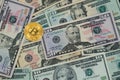 Bitcoin cash (BTC), cryptocurrency pictured as a gold, real US money, 50 dollars, United States fifty-dollar bill