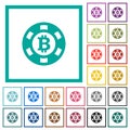 Bitcoin casino chip flat color icons with quadrant frames
